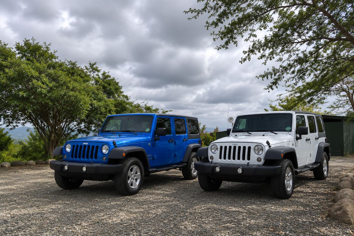 Blue and white Jeep Wranglers from Carlos Jeep Rental in Culebra photographed during a self-guided island tour with Culebra Tours
