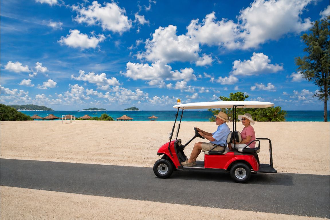 Golf cart rental experience in Culebra with a couple sightseeing along the Caribbean coastline during a tour organized by Culebra Tours