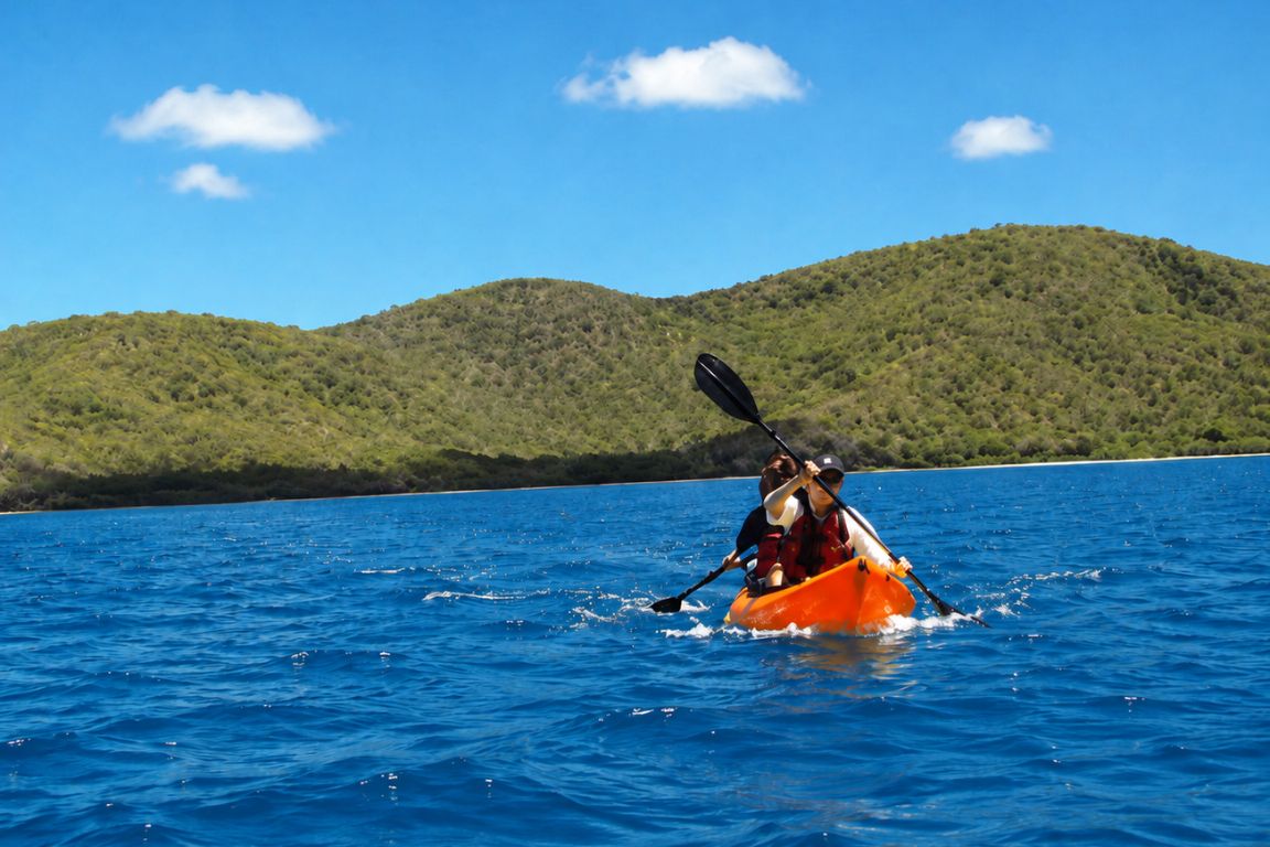 Kayaking along the scenic coastline near Culebrita with beautiful tropical hills and calm Caribbean waters during a guided tour with Culebra Tours