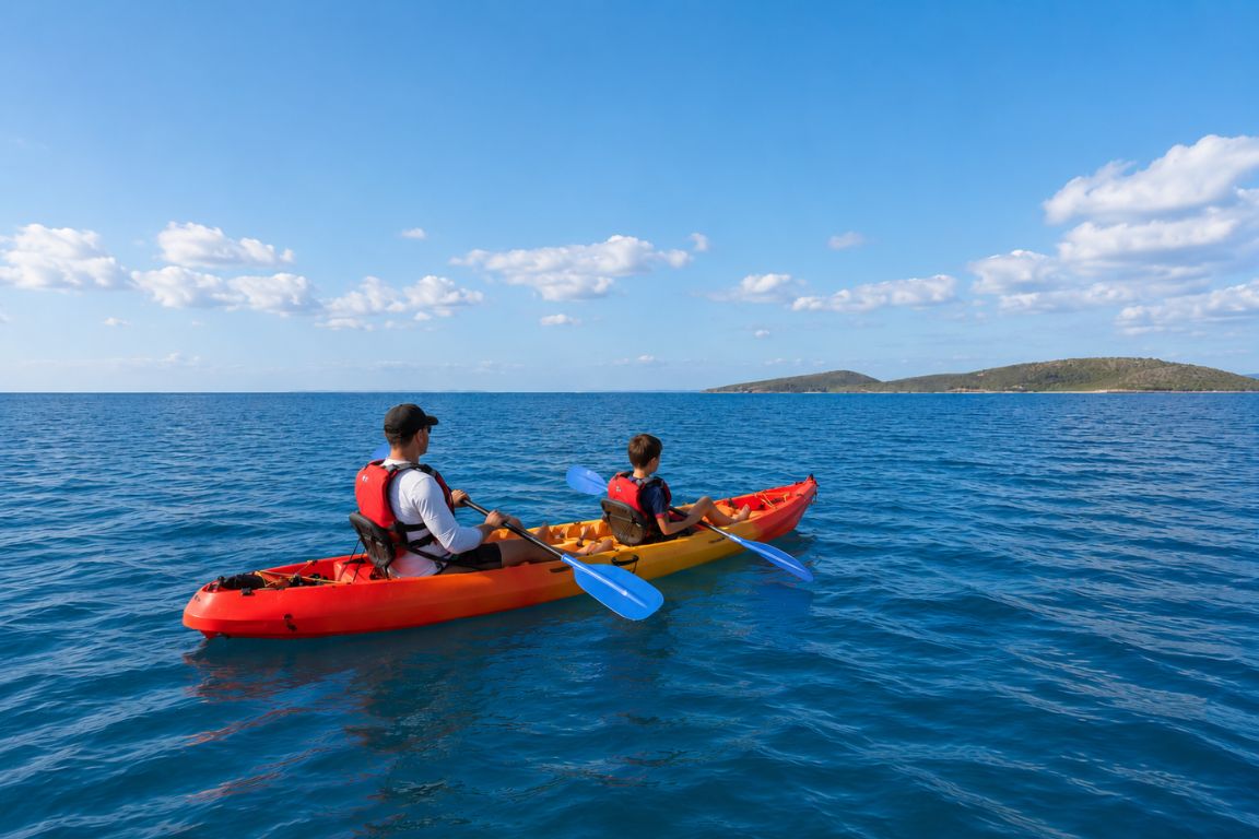 Father and son kayaking near Flamenco Beach on the crystal-clear waters of Culebra during a guided tour with Culebra Tours