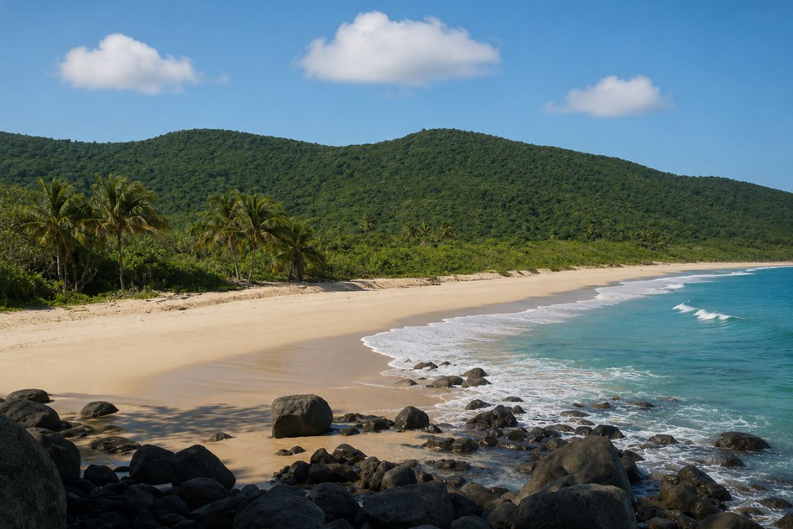 Scenic coastline of Playa Brava showcasing soft sand, turquoise waters, and dramatic rocky outcrops during an unforgettable adventure with Culebra Tours
