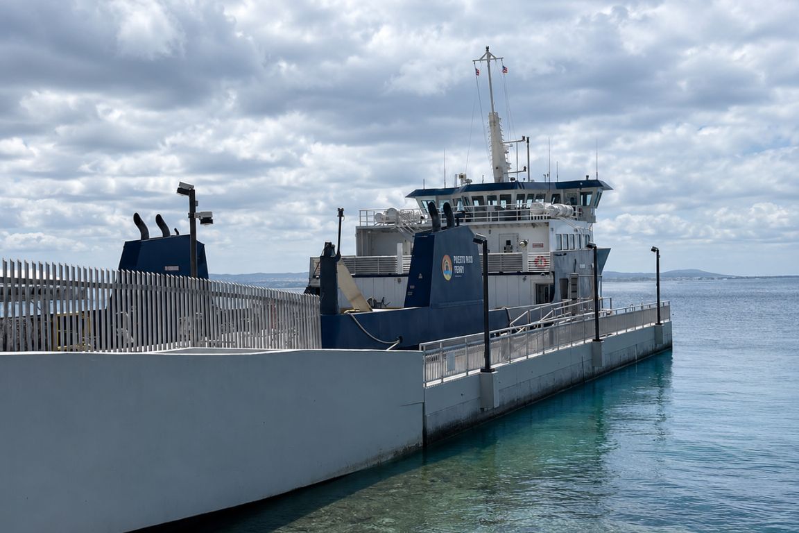 Puerto Rico Ferry docked at the terminal before departing for Culebra during a guided island tour with Culebra Tours